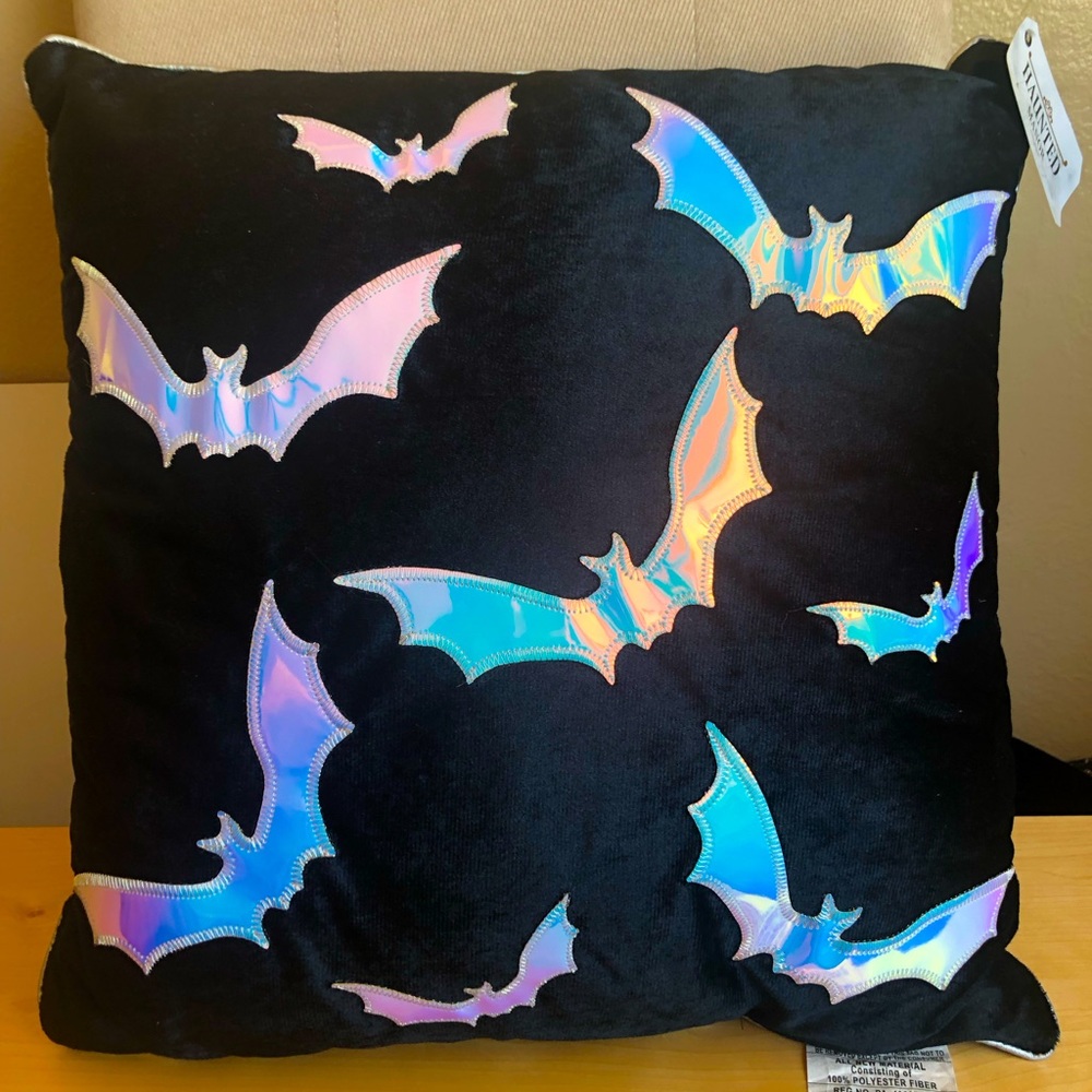 NEW Halloween Iridescent Rainbow Bats Accent Throw Pillow Black Gothic